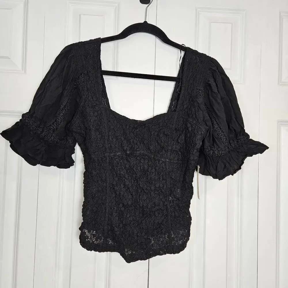 FREE PEOPLE Spring Fling Floral Knit Top Black NWT NEW Medium Crop Puff Sleeves